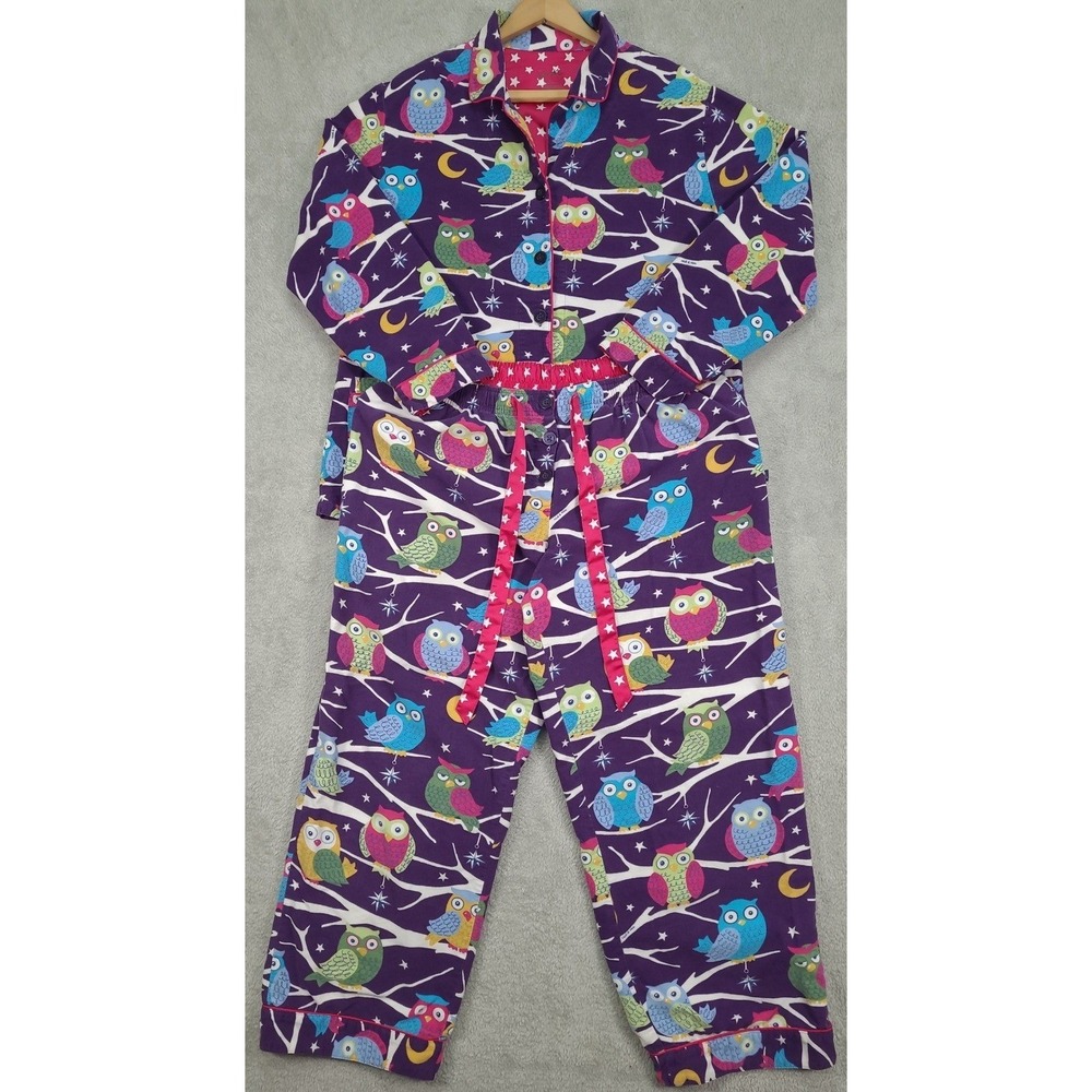 Nick & Nora Women XXL Purple Owl Celestial Cotton Pajama Set Button Down Pants